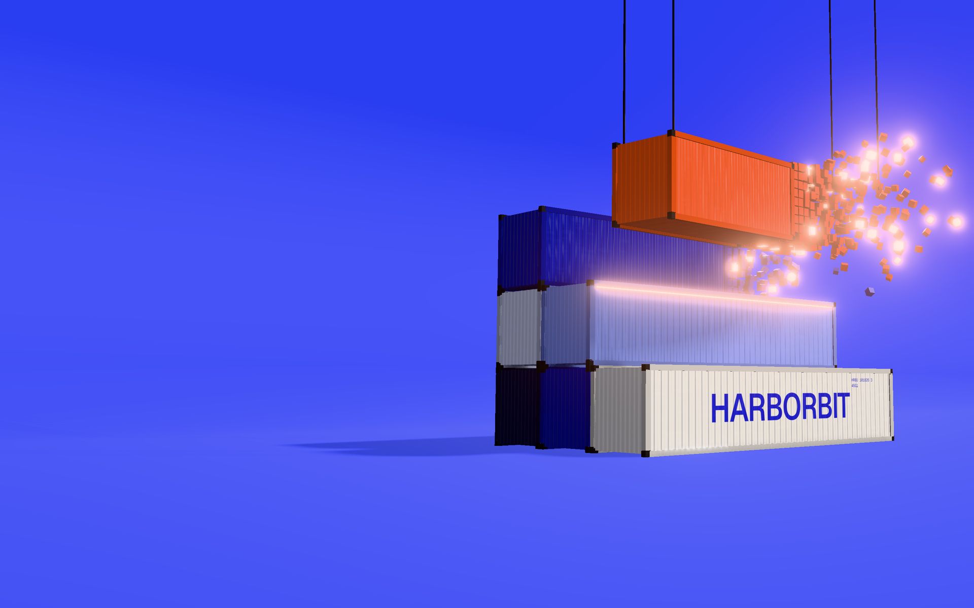 Stacked shipping containers in shades of blue against a cobalt background. An orange container hangs from a crane above them, one end dissolving into glowing cubes.