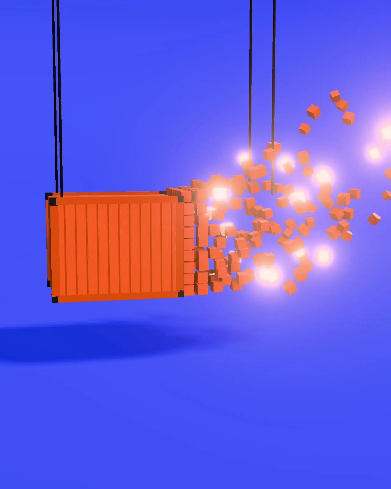 Seecontainer mit der Aufschrift „KI“ vor kobaltblauem Grund