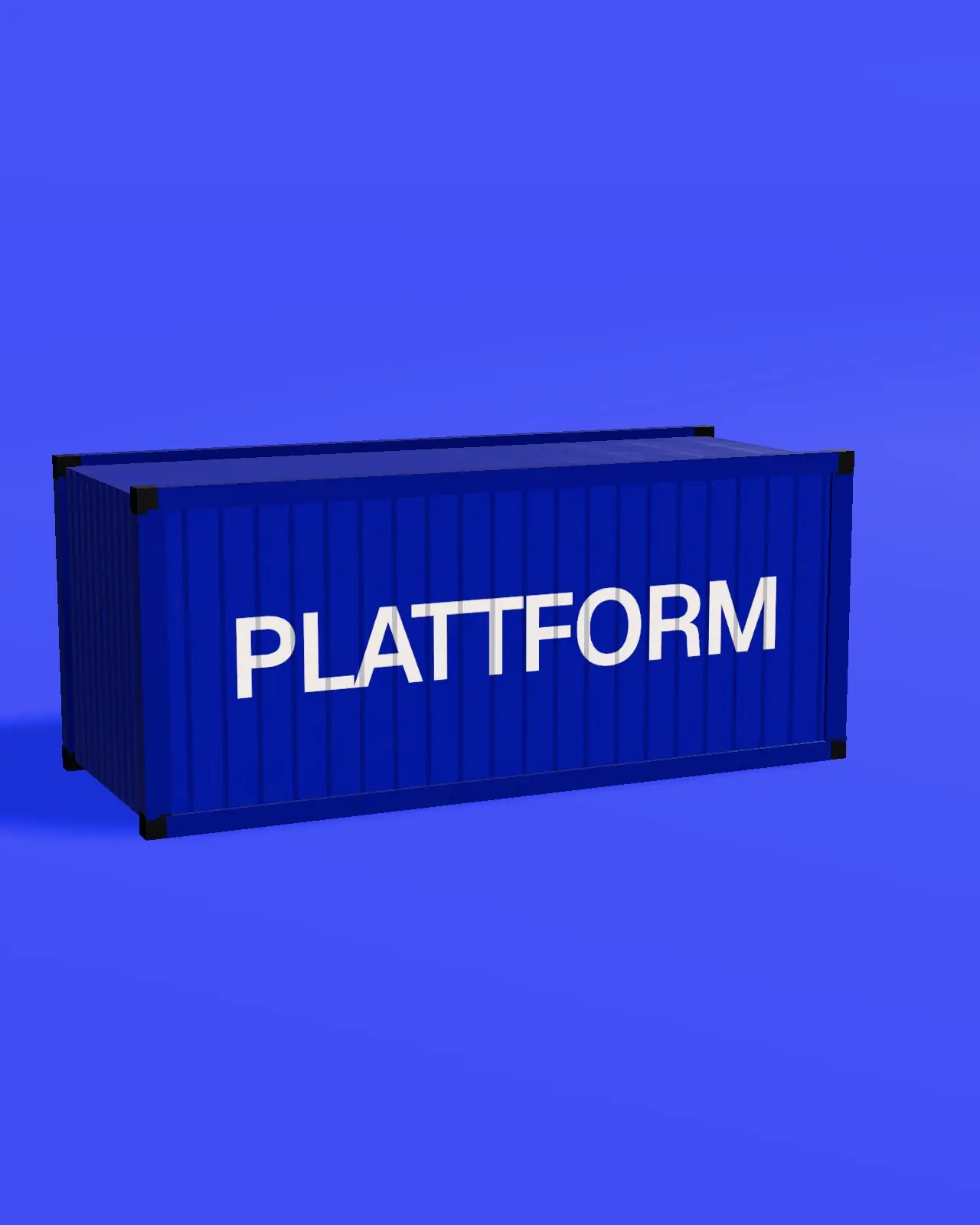 Seecontainer mit der Aufschrift „PLATTFORM“ vor kobaltblauem Grund