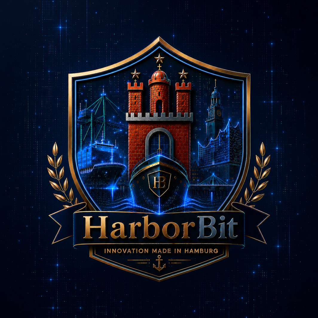 HarborBit-Logo: Wappen mit Hamburger Burg über einem Schiff mit HB-Monogramm, links Containerhafen, rechts Elbphilharmonie und Michel, Banner „HarborBit – Innovation Made in Hamburg“